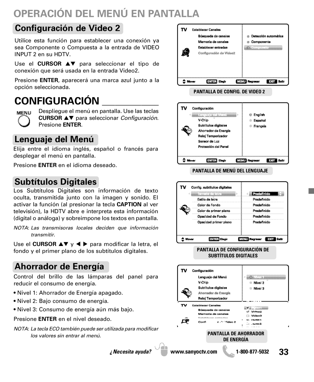 Sanyo DP50710 manual Configuración de Video, Lenguaje del Menú, Subtítulos Digitales, Ahorrador de Energía 