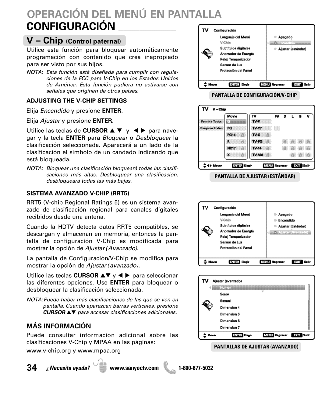 Sanyo DP50710 manual MÁS Información, Adjusting the V-CHIP Settings, Sistema Avanzado V-CHIP RRT5 