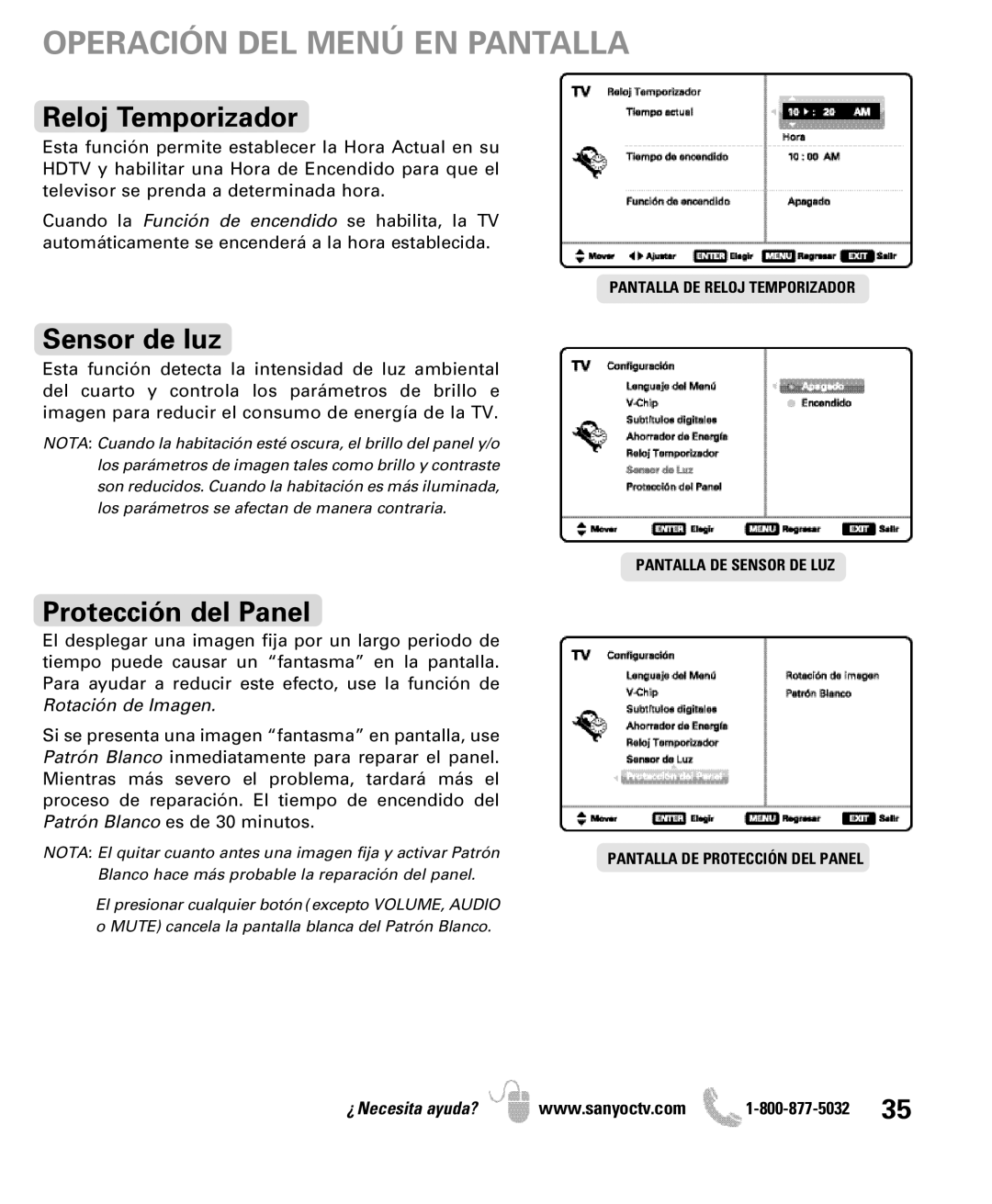 Sanyo DP50710 manual Reloj Temporizador, Sensor de luz, Protección del Panel 