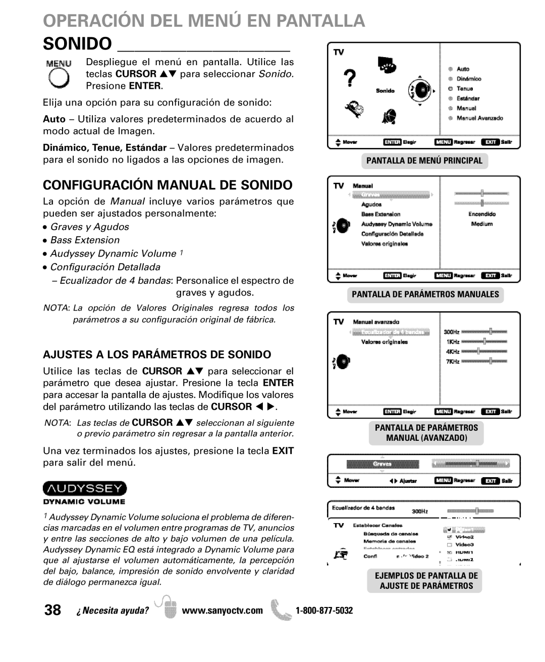 Sanyo DP50710 manual Configuración Manual DE Sonido, Ajustes a LOS Parámetros DE Sonido 