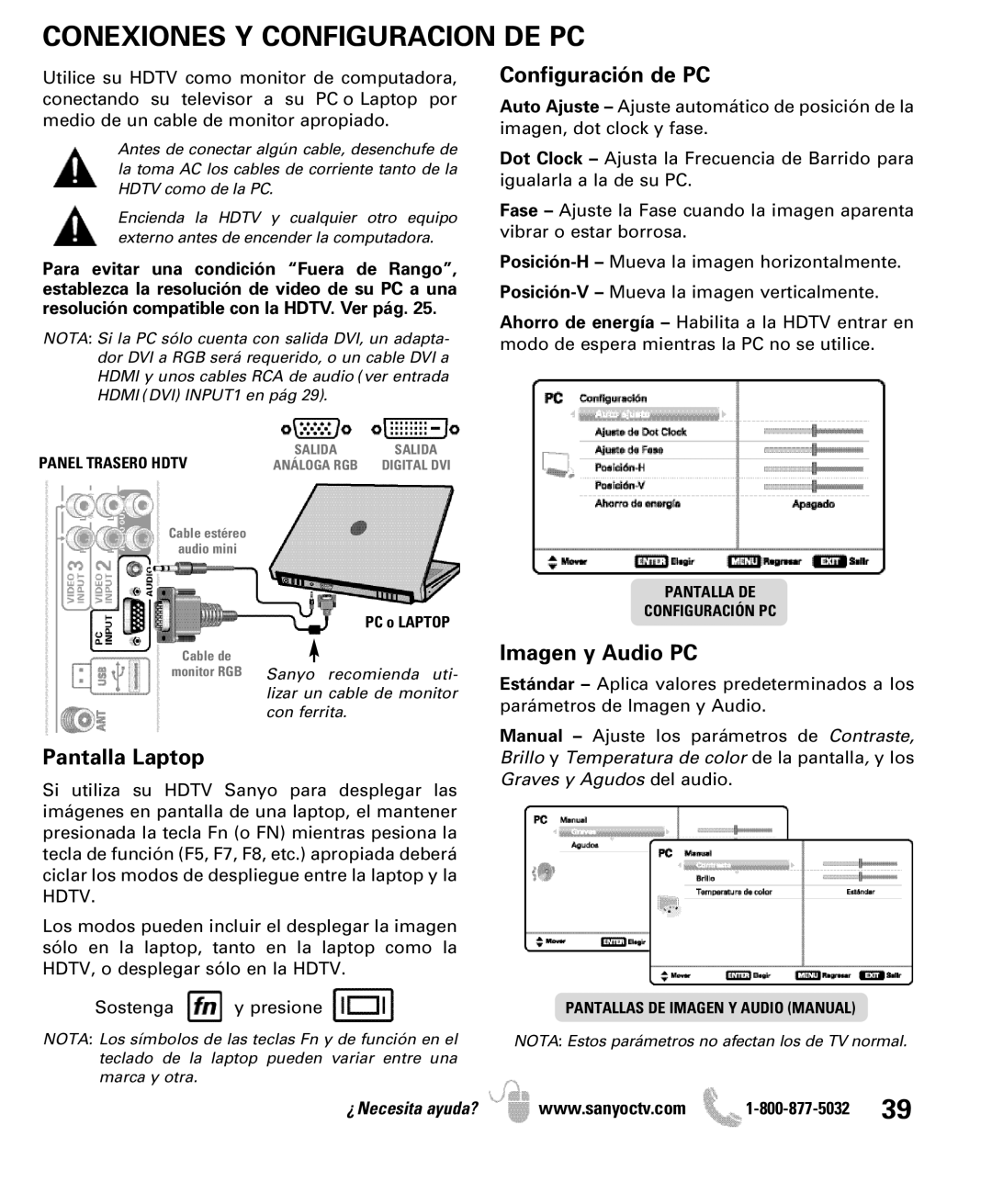 Sanyo DP50710 manual Conexiones Y Configuracion DE PC, Configuración de PC 