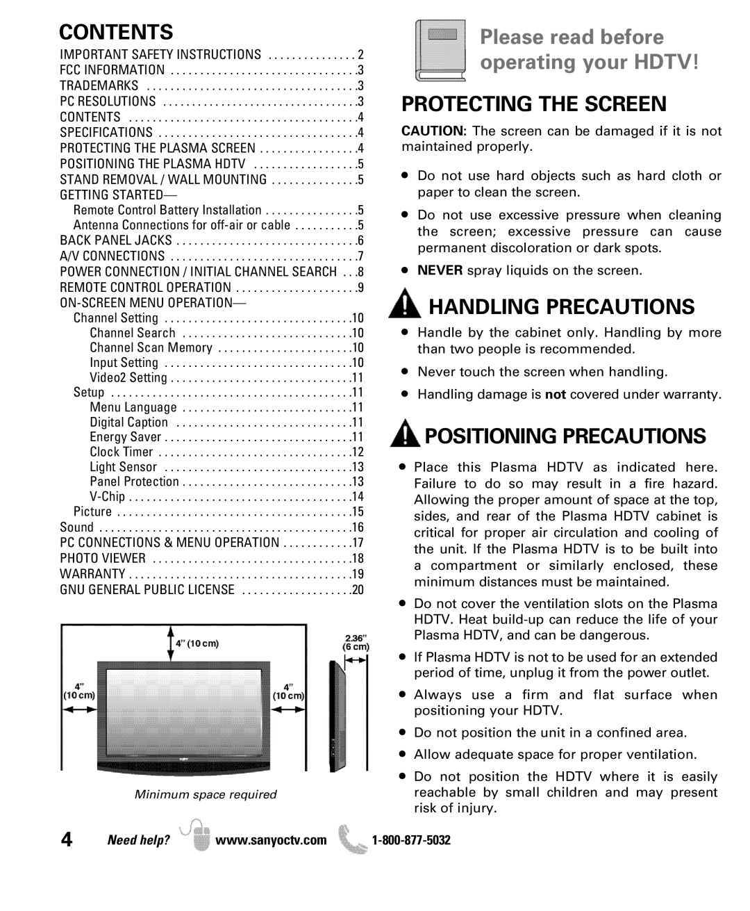 Sanyo DP50710 manual Contents, Protecting the Screen, Handling Precautions, Positioning Precautions 