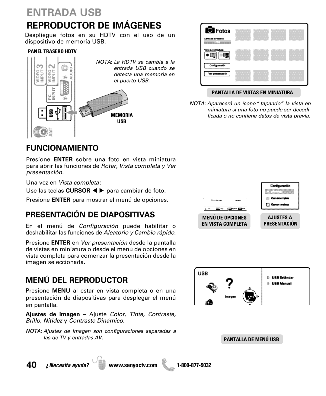 Sanyo DP50710 Entrada USB, Reproductor DE Imágenes, Funcionamiento, Presentación DE Diapositivas, Menú DEL Reproductor 