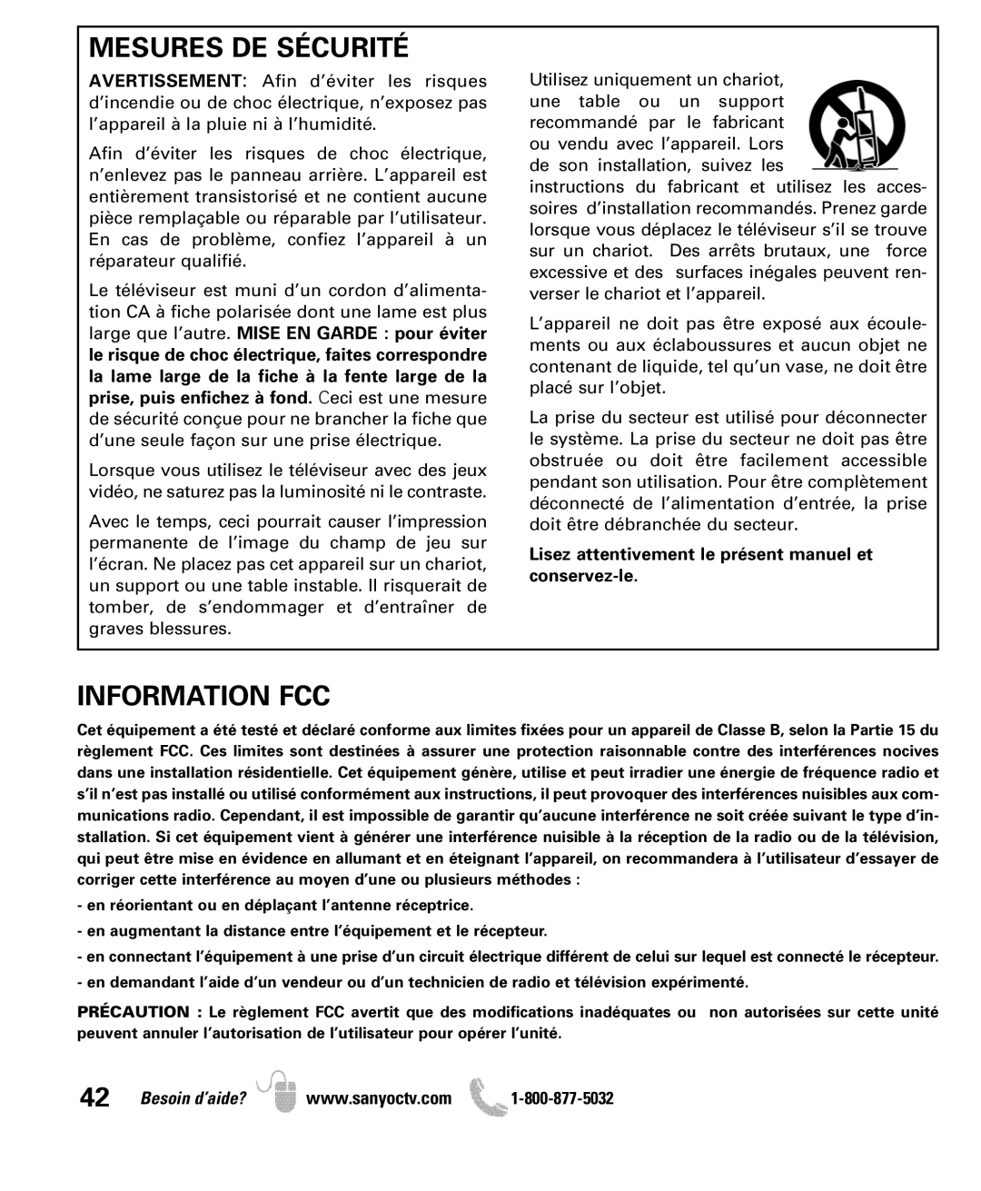 Sanyo DP50710 manual Mesures DE Sécurité, Information FCC, Lisez attentivement le présent manuel et conservez-le 