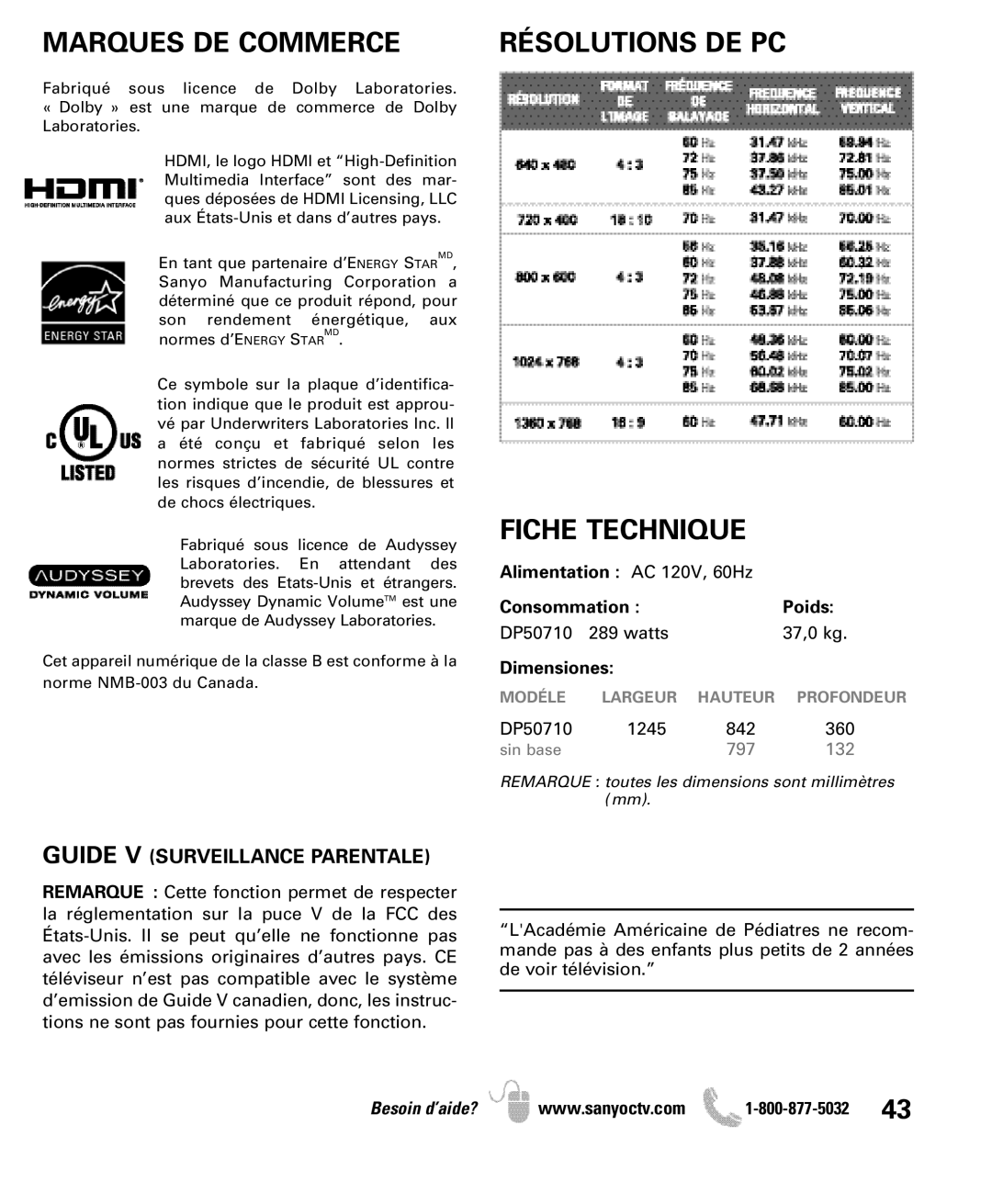 Sanyo DP50710 manual Marques DE Commerce, Fiche Technique, Guide V Surveillance Parentale 