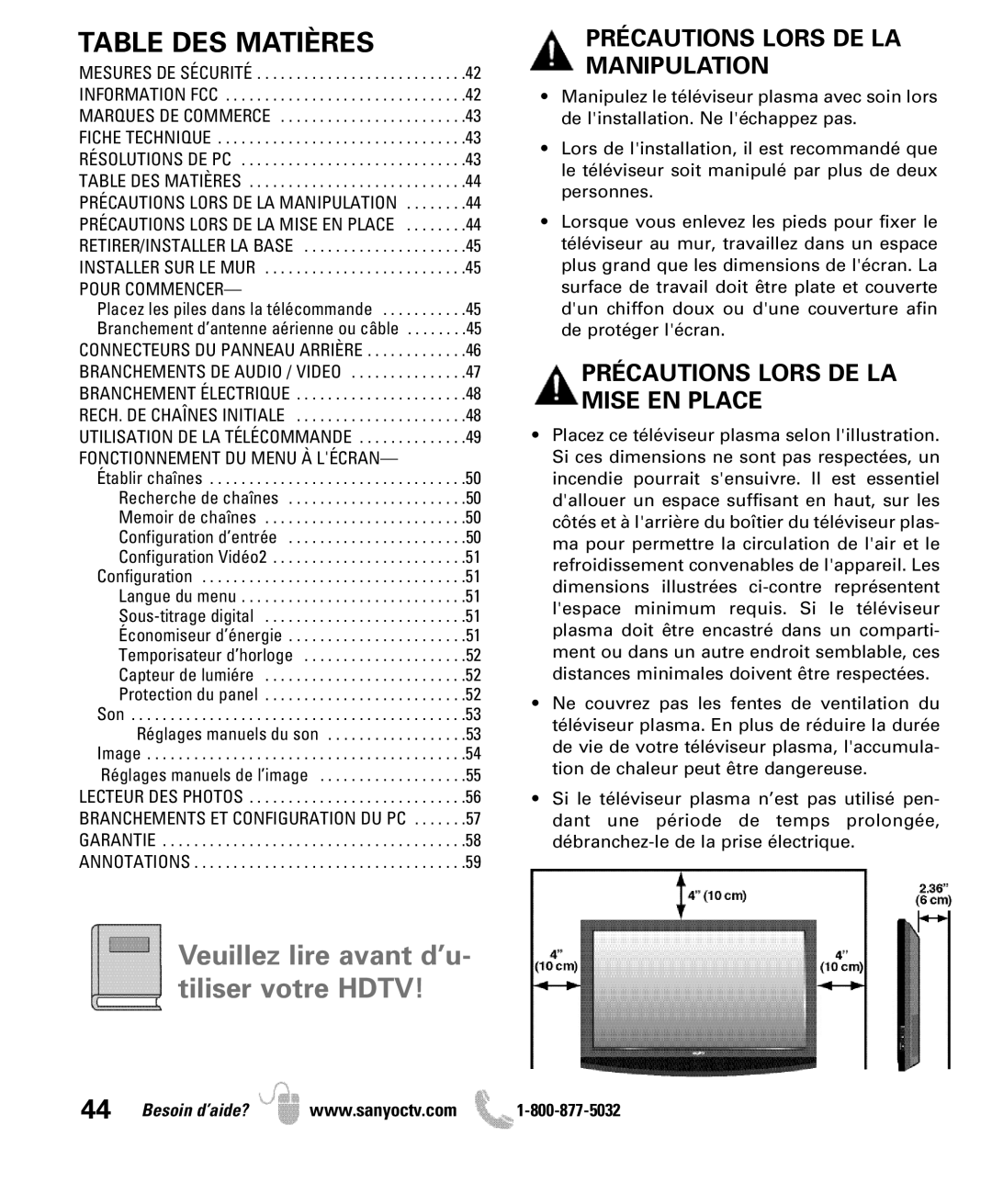 Sanyo DP50710 manual Table DES Matières, Précautions Lors DE LA Manipulation, Précautions Lors DE LA Mise EN Place 