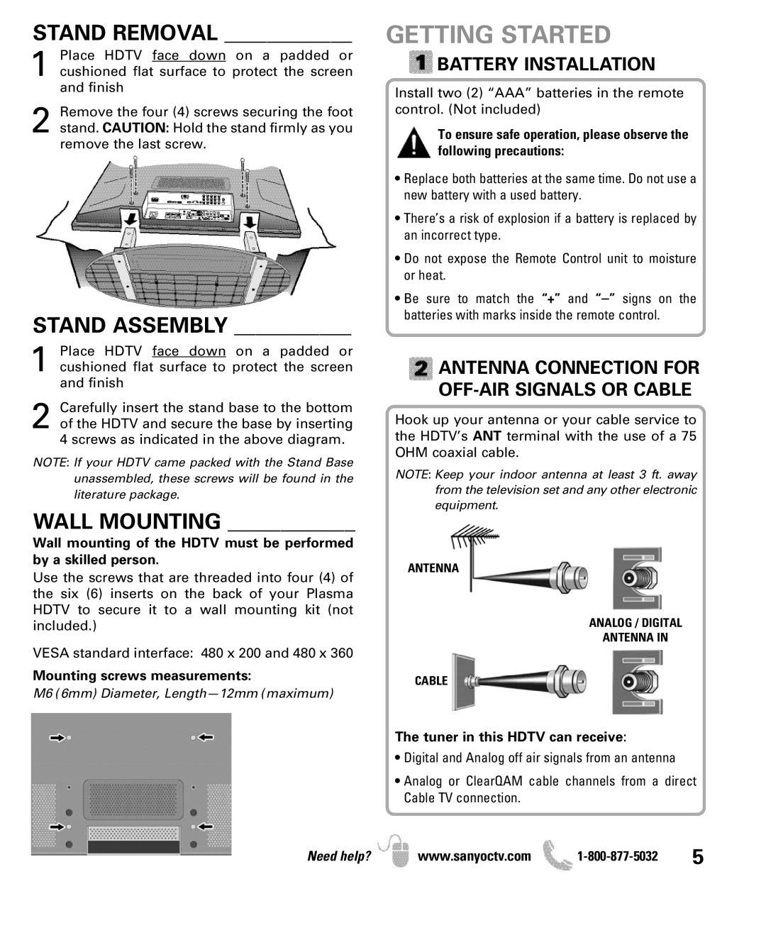 Sanyo DP50710 manual Getting Started, Wall Mounting, Battery Installation, Antenna Connection for OFF-AIR Signals or Cable 