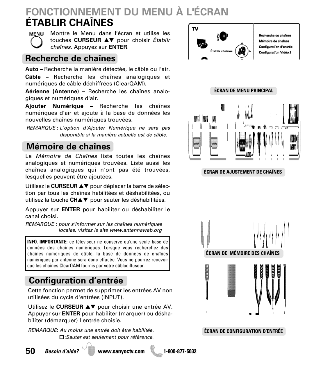 Sanyo DP50710 manual Fonctionnement DU Menu À Lécran Établir Chaînes, Recherche de chaînes, Mémoire de chaînes 