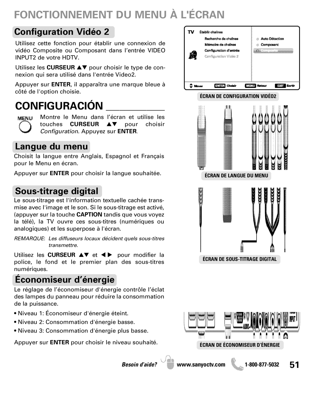 Sanyo DP50710 manual Fonctionnement DU Menu À Lécran, Configuration Vidéo, Langue du menu, Sous-titrage digital 