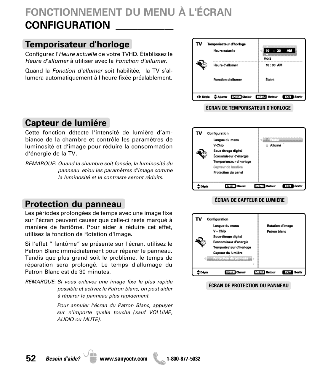 Sanyo DP50710 manual Fonctionnement DU Menu À Lécran Configuration, Temporisateur dhorloge, Capteur de lumiére 