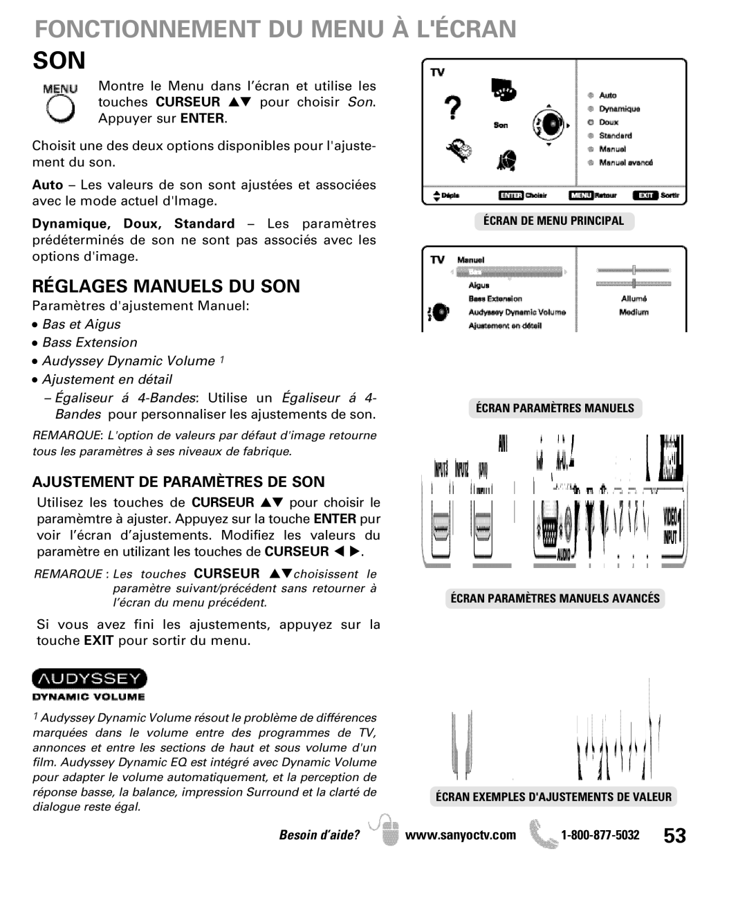 Sanyo DP50710 manual Réglages Manuels DU SON, Ajustement DE Paramètres DE SON 