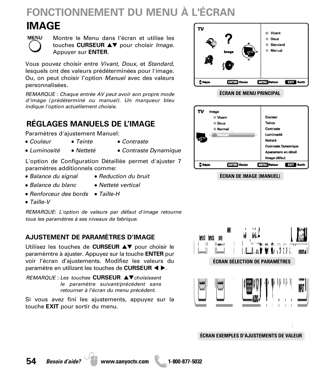 Sanyo DP50710 manual Réglages Manuels DE L’IMAGE, Ajustement DE Paramètres D’IMAGE 