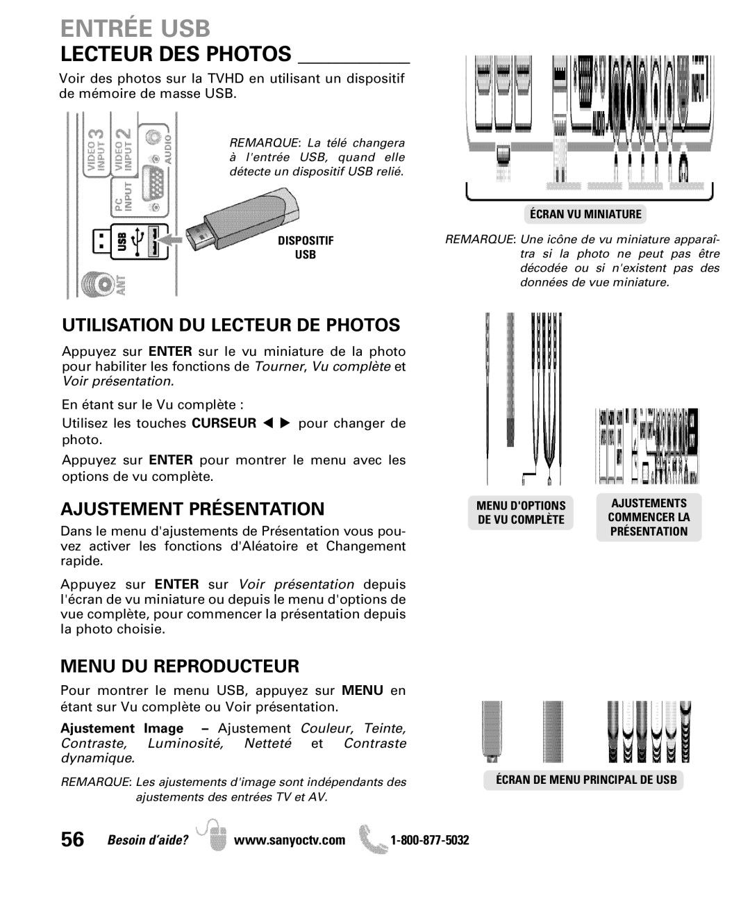 Sanyo DP50710 manual Entrée USB, Utilisation DU Lecteur DE Photos, Ajustement Présentation, Menu DU Reproducteur 