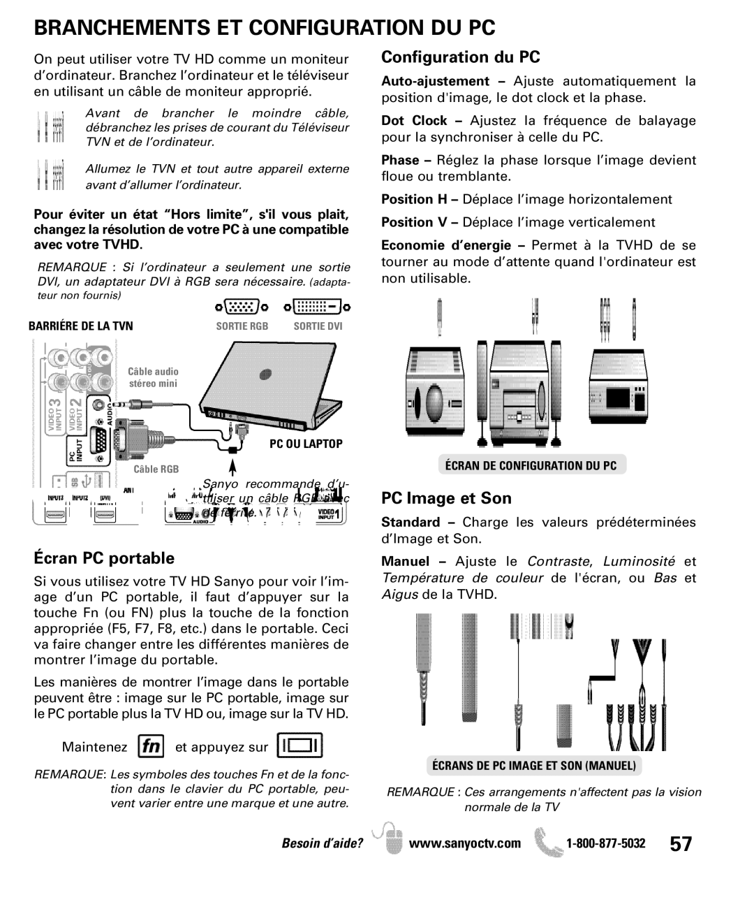 Sanyo DP50710 manual Branchements ET Configuration DU PC, Configuration du PC 