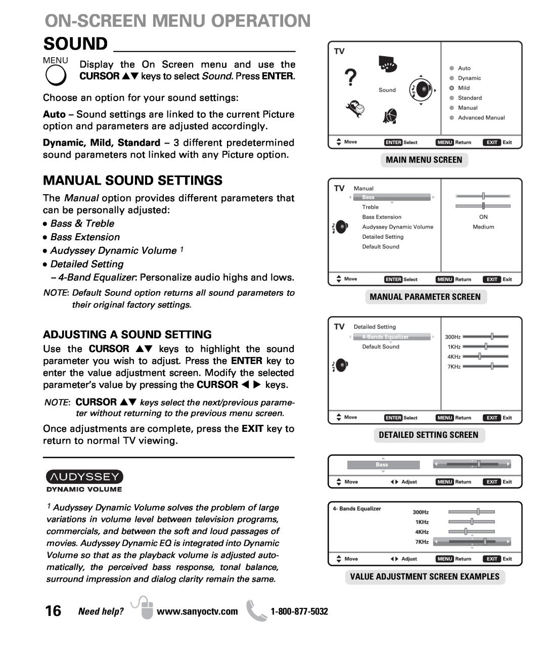 Sanyo DP50710 owner manual On-Screen Menu Operation Sound, Manual Sound Settings, Adjusting A Sound Setting, Need help? 