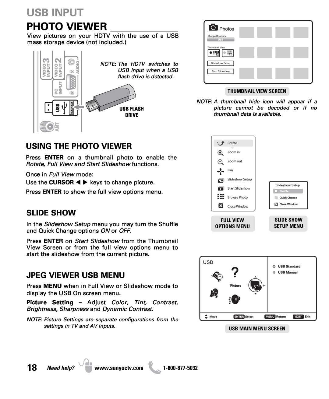 Sanyo DP50710 owner manual Usb Input, Using The Photo Viewer, Slide Show, Jpeg Viewer Usb Menu, Need help? 