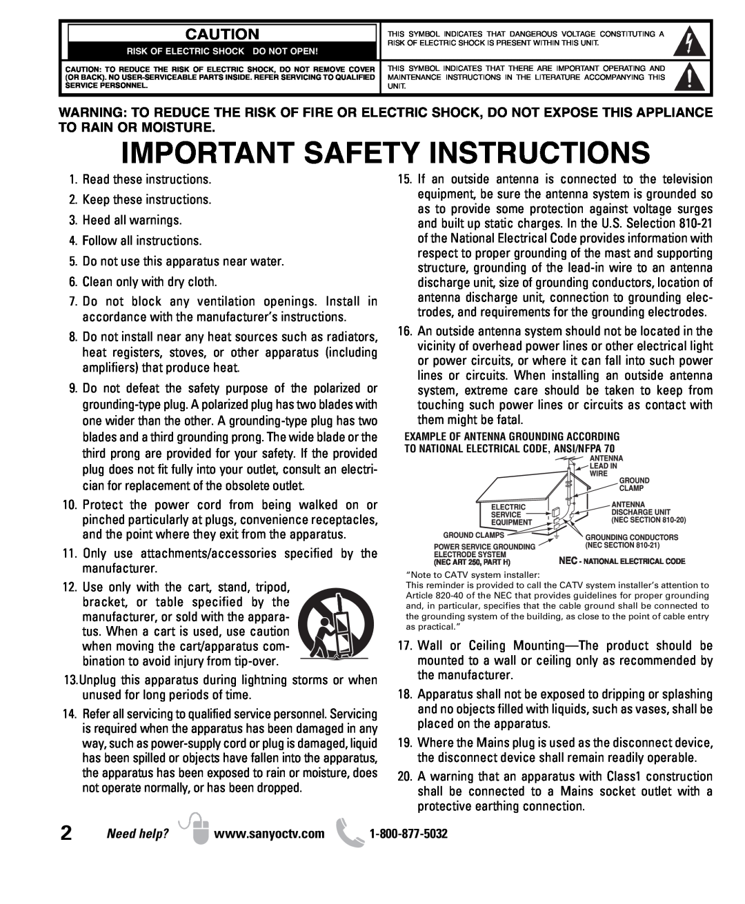 Sanyo DP50710 owner manual Need help?, Important Safety Instructions 