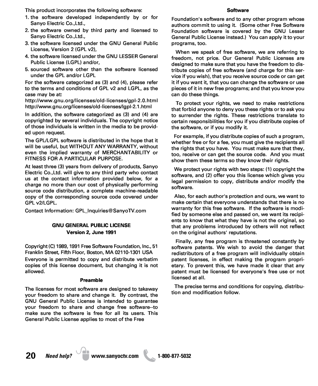 Sanyo DP50710 owner manual Need help?, GNU GENERAL PUBLIC LICENSE Version 2, June, Preamble, Software 