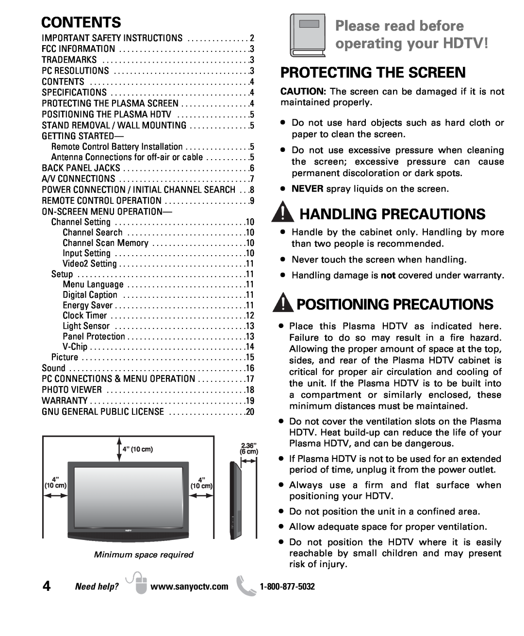 Sanyo DP50710 owner manual Contents, Protecting The Screen, Handling Precautions, Positioning Precautions, Need help? 