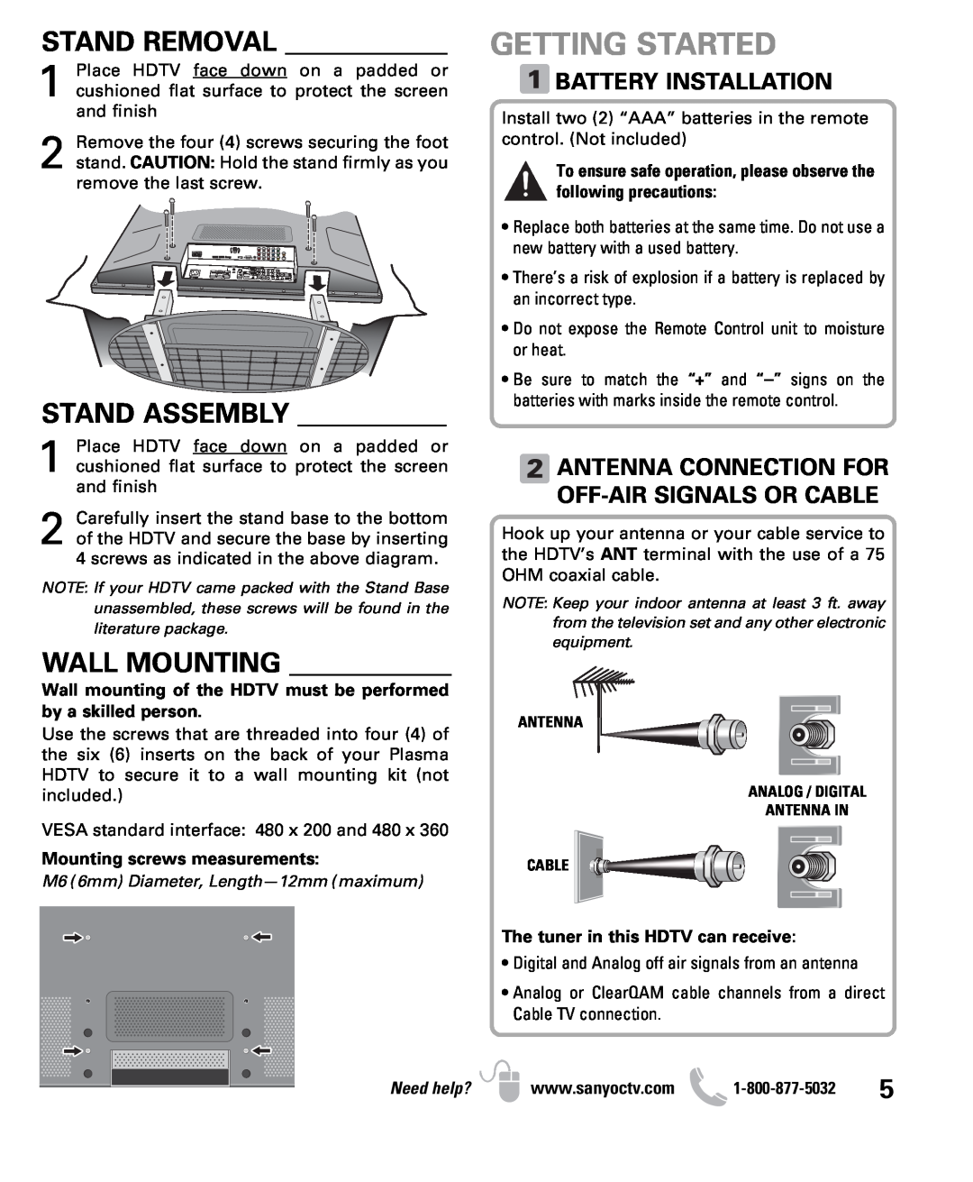 Sanyo DP50710 owner manual Getting Started, Stand Removal, Stand Assembly, Wall Mounting, Battery Installation, Need help? 
