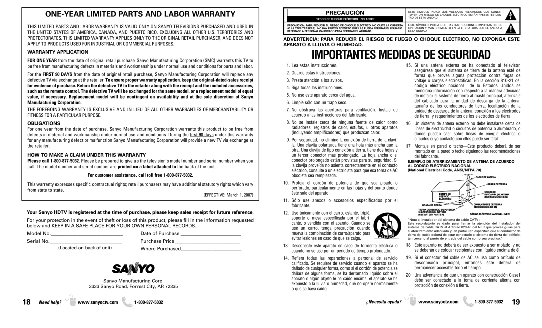 Sanyo DP50719 owner manual ONE-YEAR Limited Parts and Labor Warranty, Precaución, Warranty Application, Obligations 