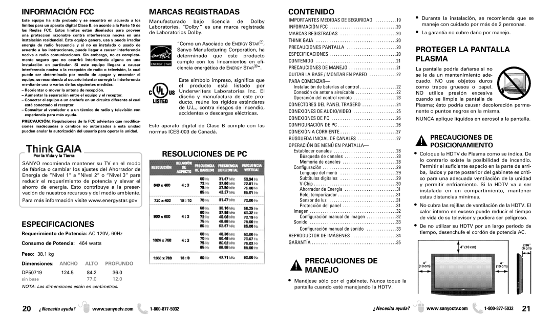 Sanyo DP50719 owner manual Información FCC, Marcas Registradas, Contenido, Proteger LA Pantalla Plasma, Resoluciones DE PC 