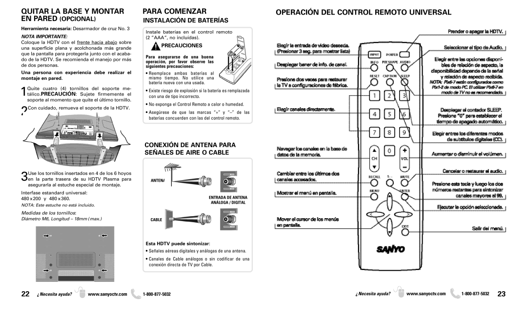 Sanyo DP50719 owner manual Para Comenzar, Operación DEL Control Remoto Universal, Quitar LA Base Y Montar EN Pared Opcional 