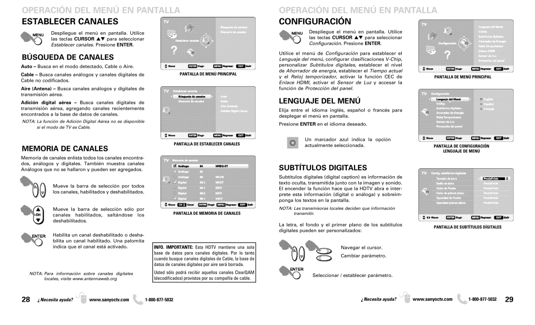 Sanyo DP50719 owner manual Operación DEL Menú EN Pantalla, Búsqueda DE Canales, Memoria DE Canales, Lenguaje DEL Menú 