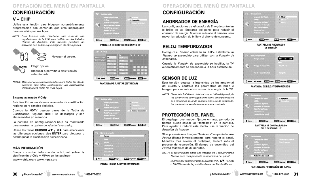 Sanyo DP50719 Operación DEL Menú EN Pantalla Configuración, Ahorrador DE Energía, Reloj Temporizador, Sensor DE LUZ 