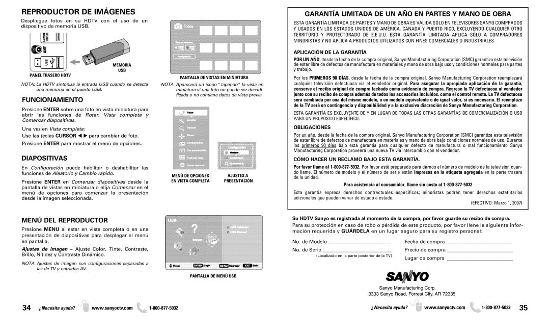 Sanyo DP50719 Reproductor DE Imágenes, Funcionamiento, Diapositivas, Garantía Limitada DE UN AÑO EN Partes Y Mano DE Obra 