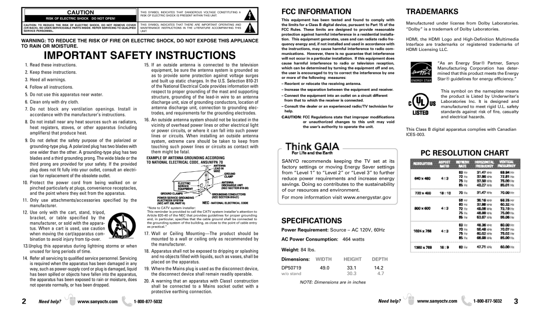 Sanyo DP50719 owner manual FCC Information, Trademarks, PC Resolution Chart, Specifications 