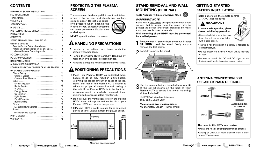 Sanyo DP50719 owner manual Contents, Protecting the Plasma Screen, Handling Precautions, Getting Started 