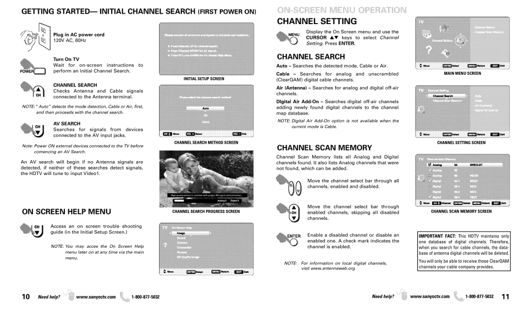 Sanyo DP50719 owner manual ON-SCREEN Menu Operation Channel Setting, Getting STARTED- Initial Channel Search First Power on 