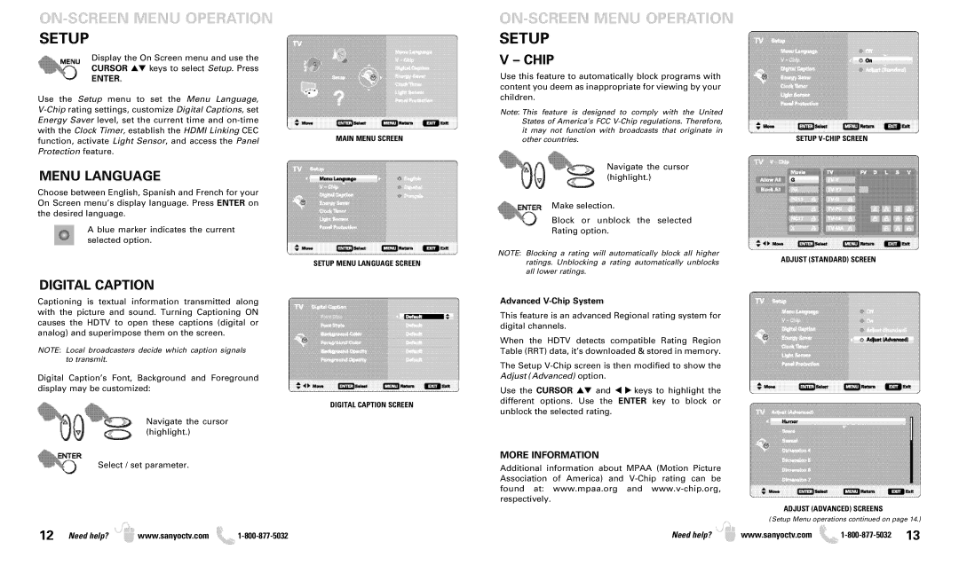 Sanyo DP50719 owner manual ON-SCREEN Menu Operation Setup, Menu Language, Digital Caption, Chip, More Information 