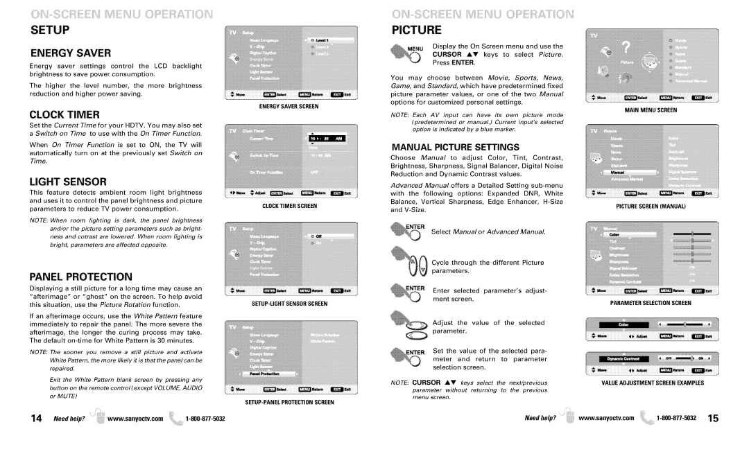 Sanyo DP50719 owner manual ON-SCREEN Menu Operation Picture, Energy Saver, Clock Timer, Light Sensor, Panel Protection 