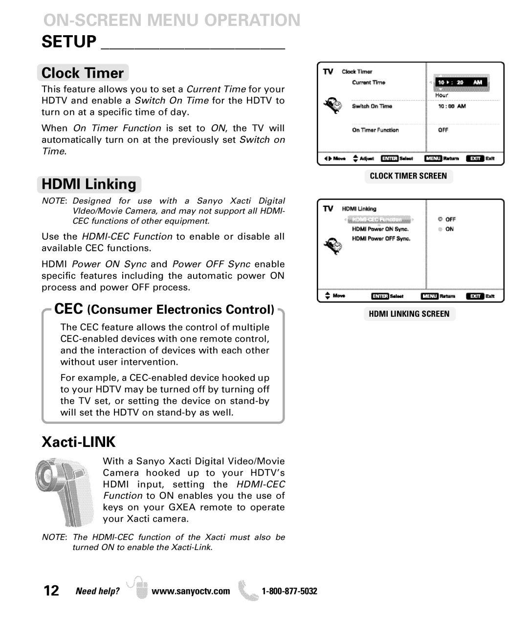 Sanyo DP50740 manual Clock Timer, Hdmi Linking, Xacti-LINK 