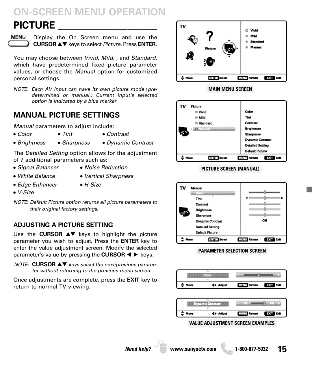 Sanyo DP50740 manual Manual Picture Settings, Adjusting a Picture Setting 