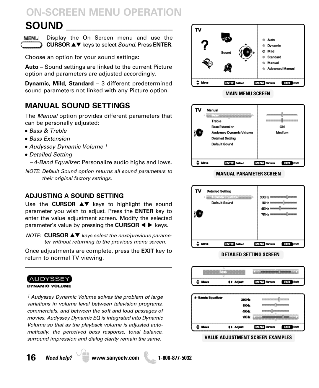 Sanyo DP50740 manual Manual Sound Settings, Adjusting a Sound Setting 