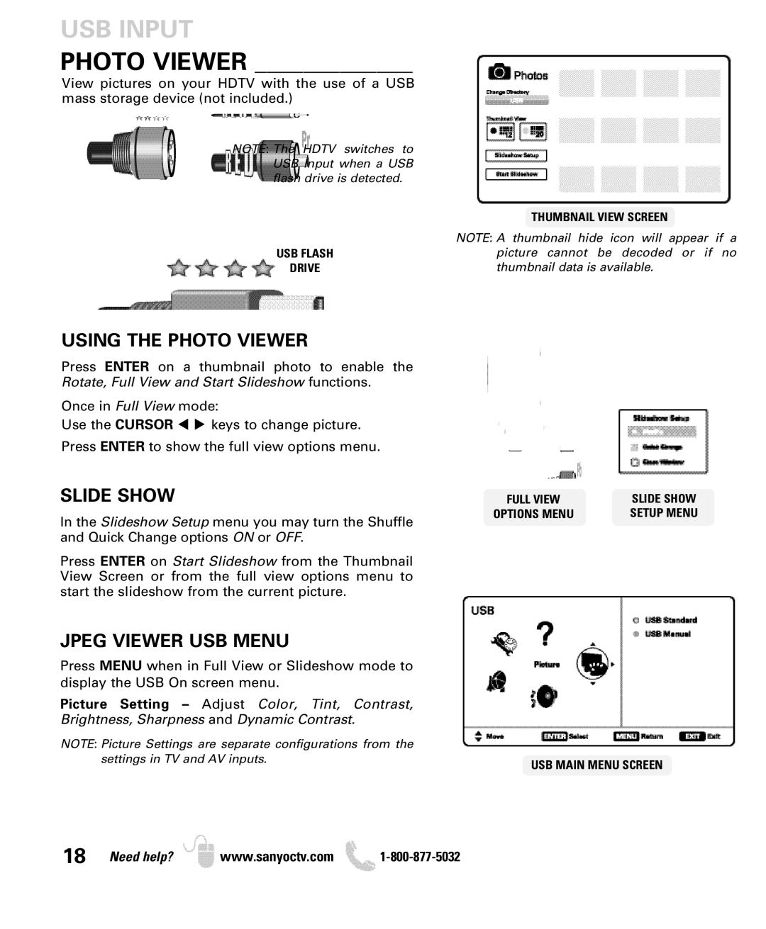 Sanyo DP50740 manual USB Input, Using the Photo Viewer, Slide Show, Jpeg Viewer USB Menu 