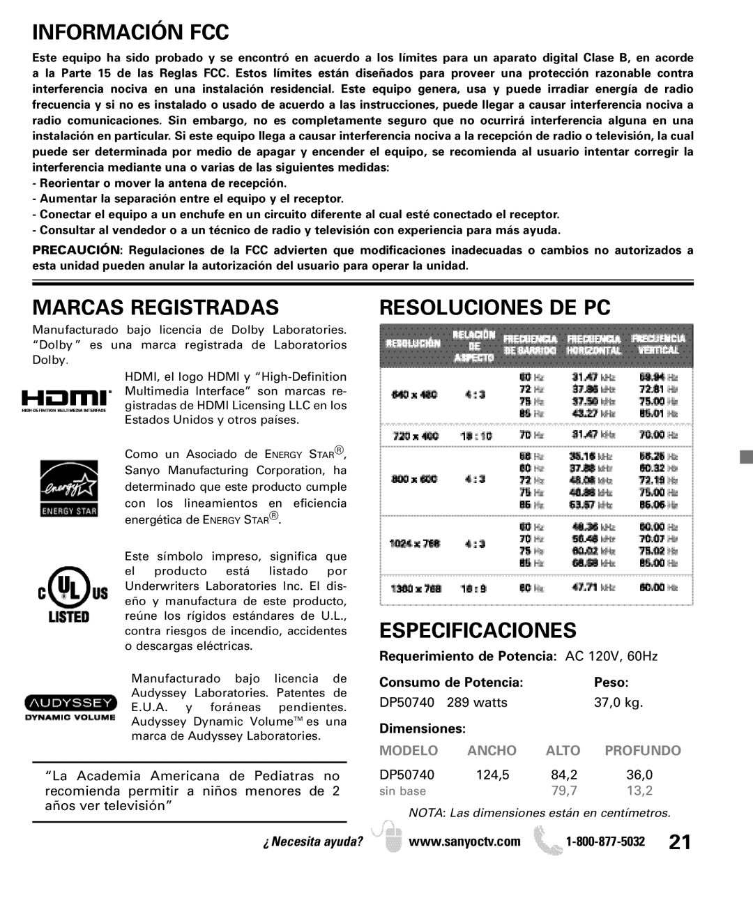 Sanyo DP50740 manual Información FCC, Marcas Registradas, Especificaciones, Dimensiones 