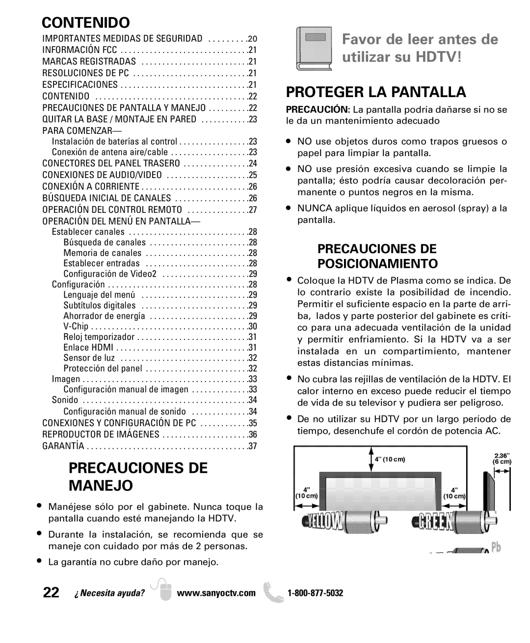 Sanyo DP50740 manual Contenido, Precauciones DE Manejo, Proteger LA Pantalla, Precauciones DE Posicionamiento 