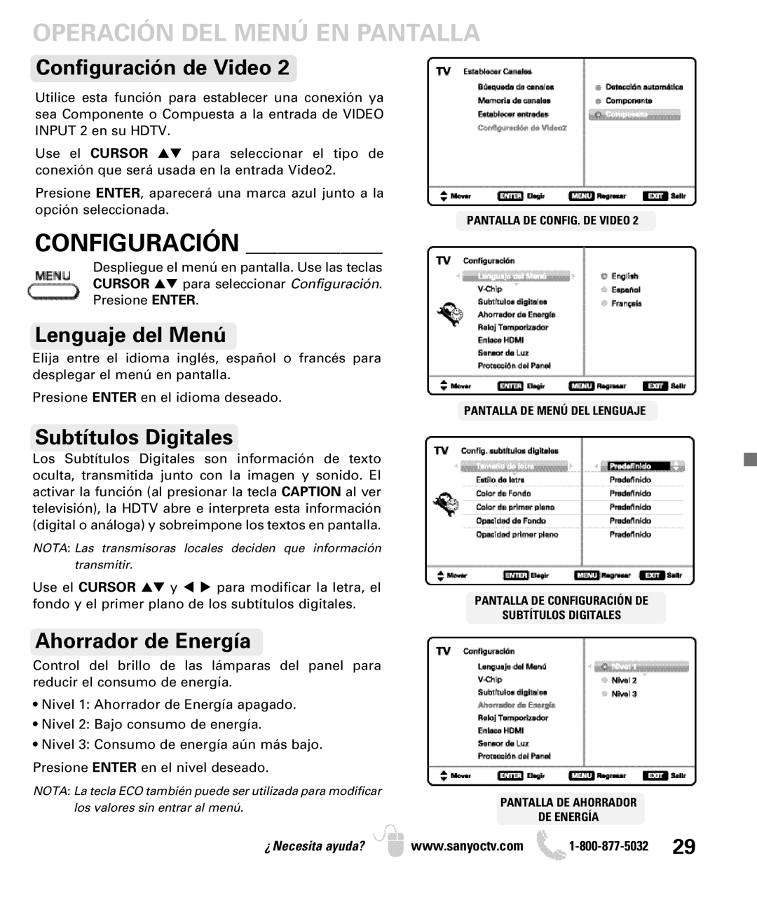 Sanyo DP50740 manual Configuración de Video, Lenguaje del Menú, Subtítulos Digitales, Ahorrador de Energía 