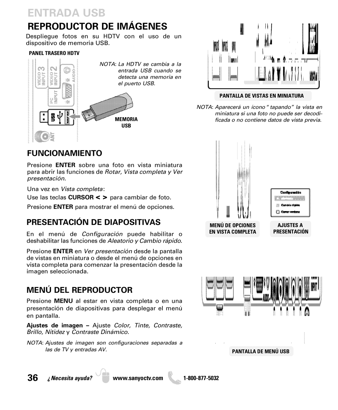 Sanyo DP50740 Entrada USB, Reproductor DE Imágenes, Funcionamiento, Presentación DE Diapositivas, Menú DEL Reproductor 