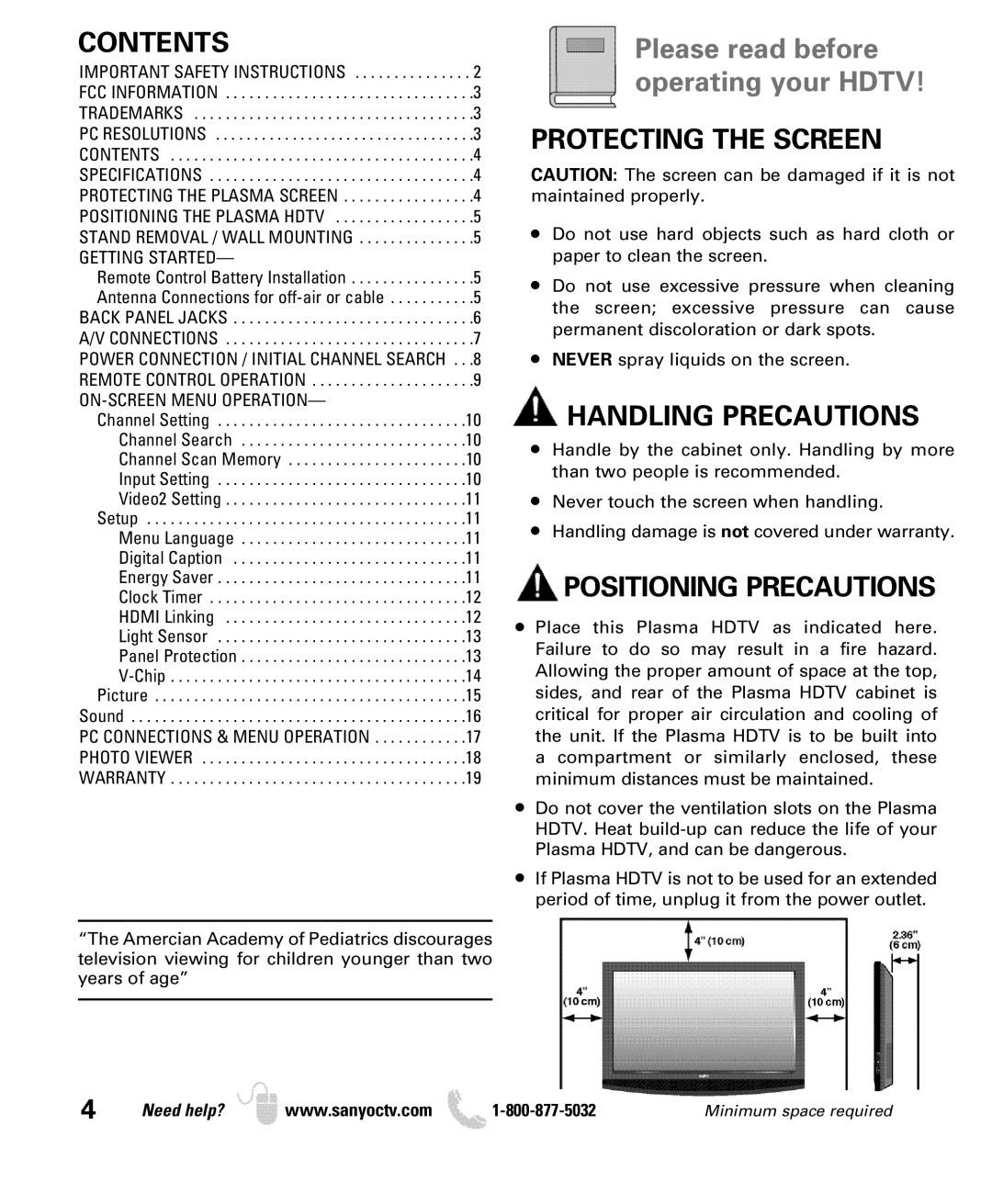 Sanyo DP50740 manual Contents, Protecting the Screen, Handling Precautions, Positioning Precautions 