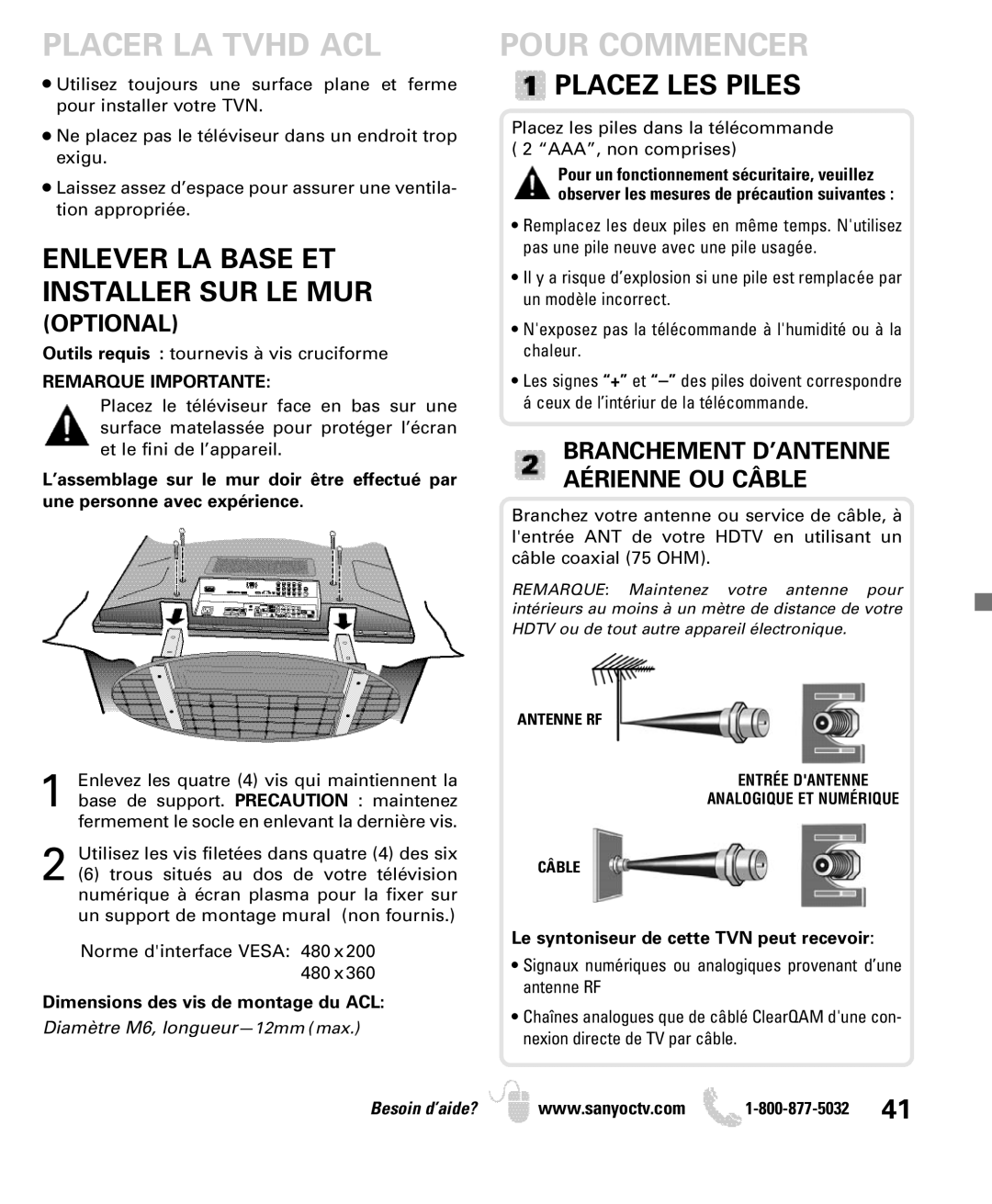 Sanyo DP50740 Placer LA Tvhd ACL, Pour Commencer, Placez LES Piles, Optional, Branchement D’ANTENNE Aérienne OU Câble 