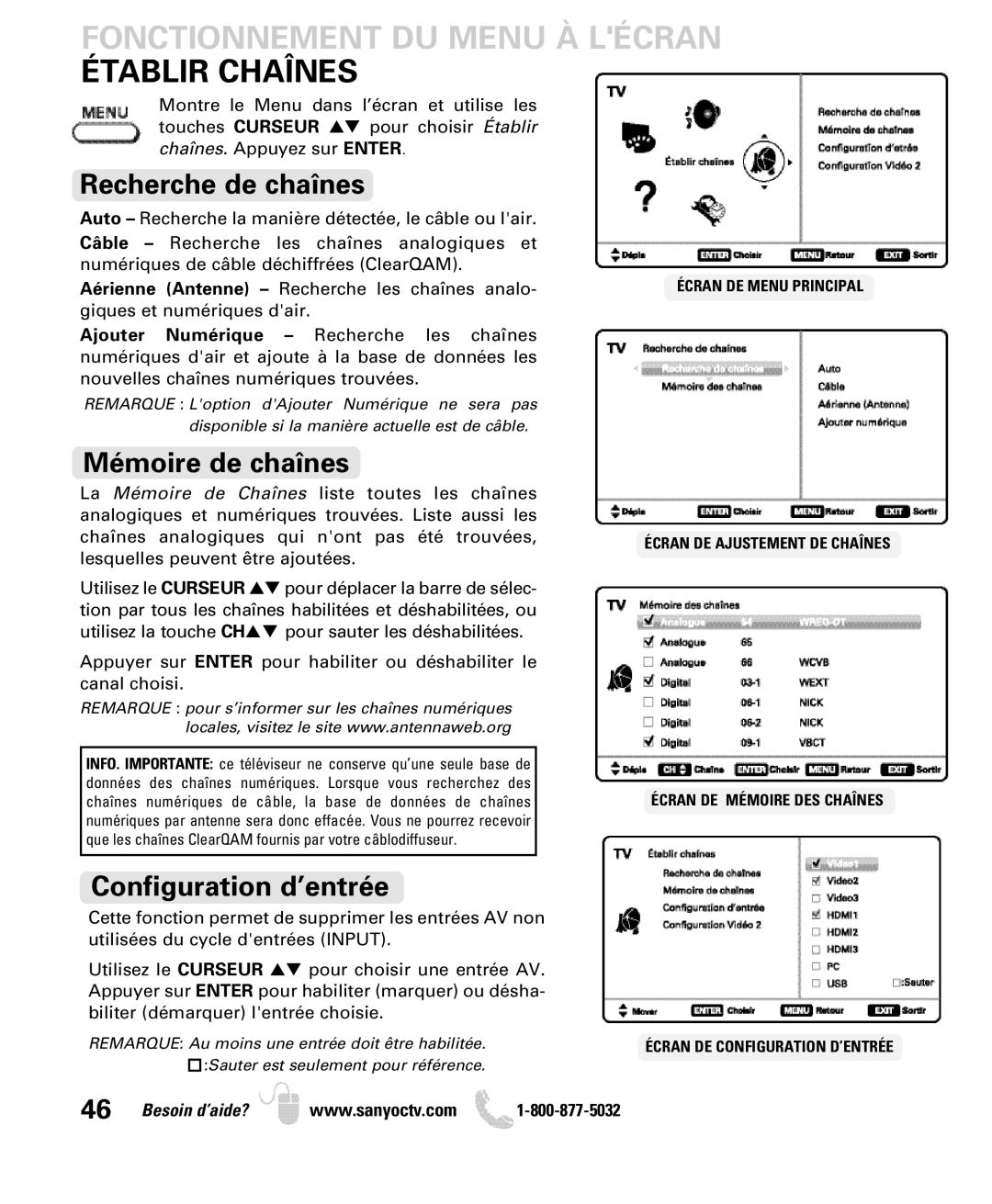 Sanyo DP50740 manual Fonctionnement DU Menu À Lécran Établir Chaînes, Recherche de chaînes, Mémoire de chaînes 