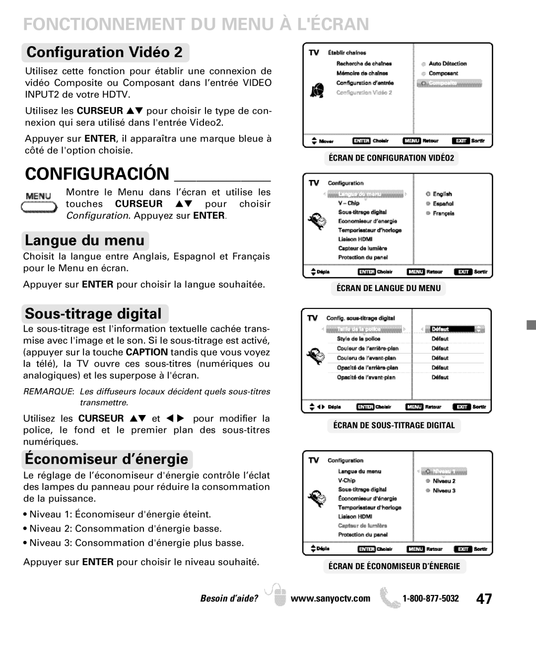 Sanyo DP50740 manual Fonctionnement DU Menu À Lécran, Configuration Vidéo, Langue du menu, Sous-titrage digital 