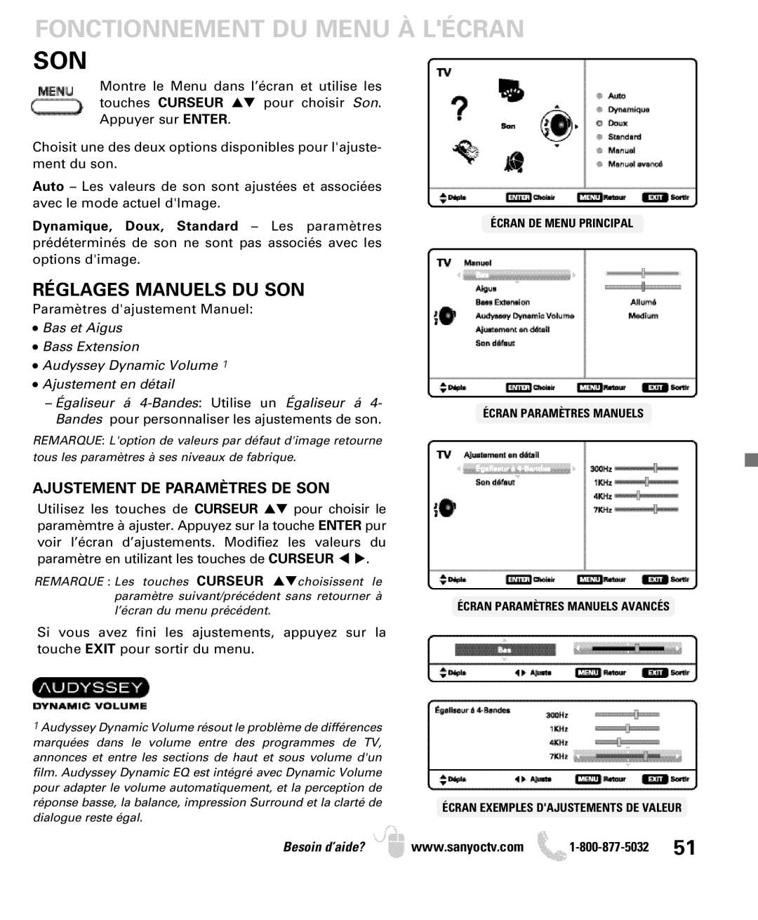 Sanyo DP50740 manual Réglages Manuels DU SON, Ajustement DE Paramètres DE SON 