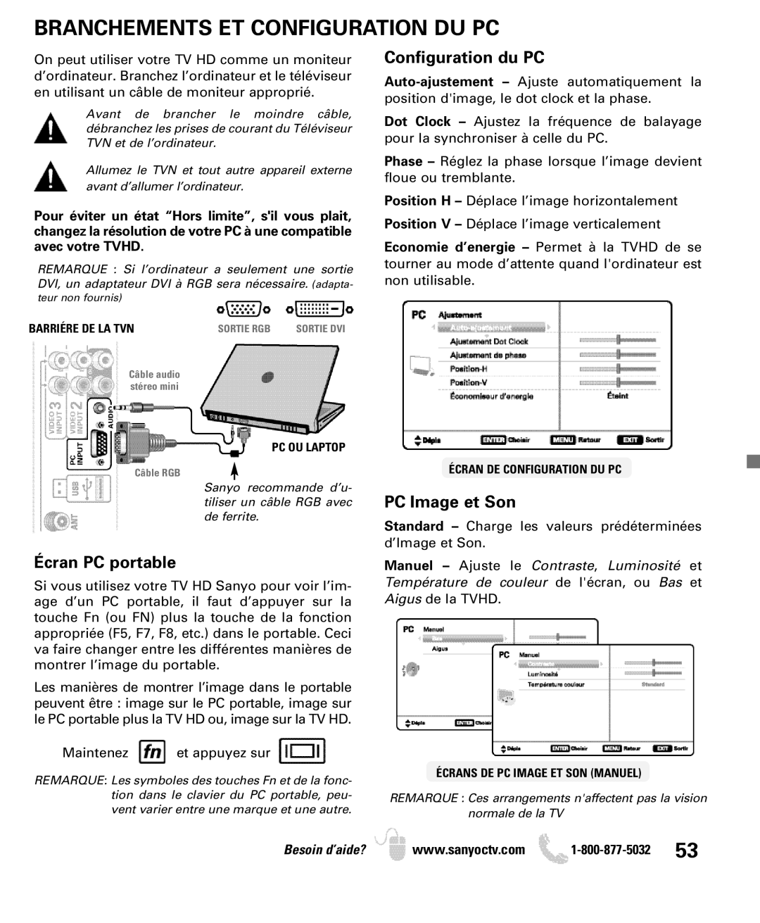 Sanyo DP50740 manual Branchements ET Configuration DU PC, Configuration du PC 