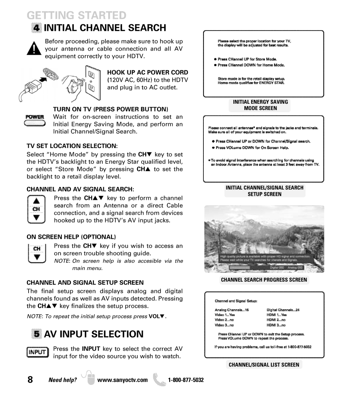 Sanyo DP50740 manual Initial Channel Search, AV Input Selection 